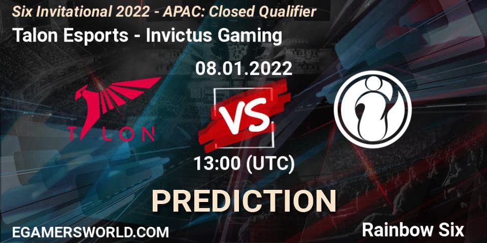 Prognose für das Spiel Talon Esports VS Invictus Gaming. 08.01.2022 at 13:00. Rainbow Six - Six Invitational 2022 - APAC: Closed Qualifier