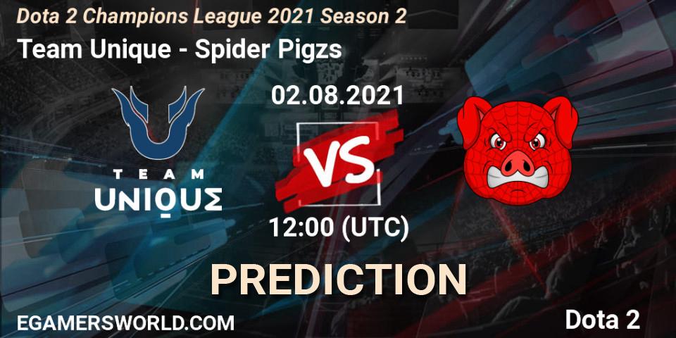 Prognose für das Spiel Team Unique VS Spider Pigzs. 02.08.2021 at 18:00. Dota 2 - Dota 2 Champions League 2021 Season 2