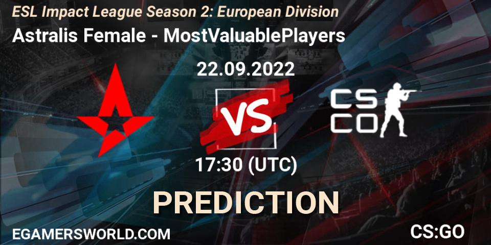 Prognose für das Spiel Astralis Female VS MostValuablePlayers. 22.09.2022 at 17:30. Counter-Strike (CS2) - ESL Impact League Season 2: European Division