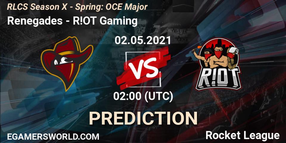 Prognose für das Spiel Renegades VS R!OT Gaming. 02.05.2021 at 01:45. Rocket League - RLCS Season X - Spring: OCE Major