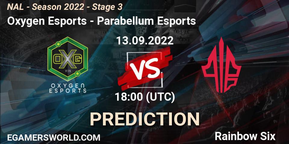 Prognose für das Spiel Oxygen Esports VS Parabellum Esports. 13.09.2022 at 18:00. Rainbow Six - NAL - Season 2022 - Stage 3