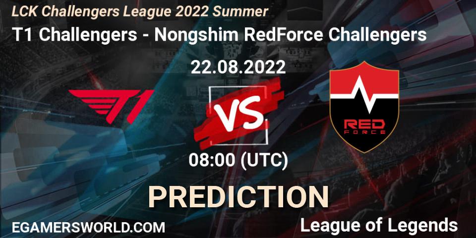 Prognose für das Spiel T1 Challengers VS Nongshim RedForce Challengers. 22.08.2022 at 08:00. LoL - LCK Challengers League 2022 Summer