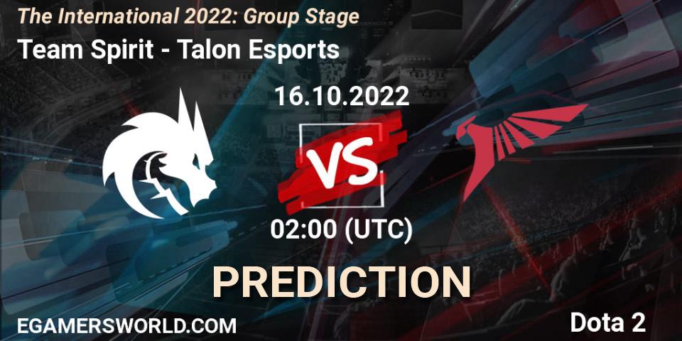 Prognose für das Spiel Team Spirit VS Talon Esports. 16.10.2022 at 02:02. Dota 2 - The International 2022: Group Stage