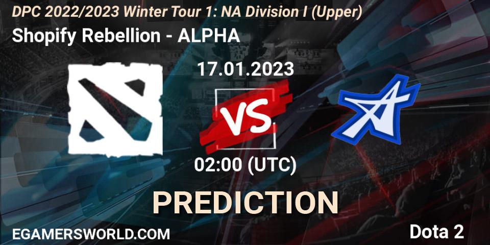 Prognose für das Spiel Shopify Rebellion VS ALPHA. 17.01.2023 at 02:30. Dota 2 - DPC 2022/2023 Winter Tour 1: NA Division I (Upper)