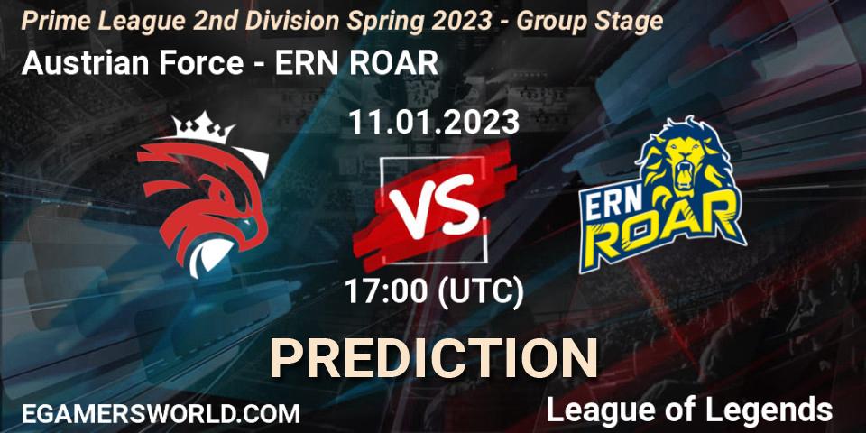 Prognose für das Spiel Austrian Force VS ERN ROAR. 11.01.2023 at 17:00. LoL - Prime League 2nd Division Spring 2023 - Group Stage