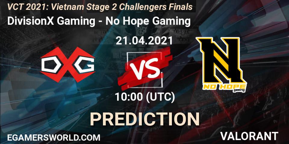 Prognose für das Spiel DivisionX Gaming VS No Hope Gaming. 21.04.2021 at 11:00. VALORANT - VCT 2021: Vietnam Stage 2 Challengers Finals