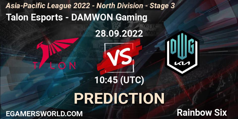 Prognose für das Spiel Talon Esports VS DAMWON Gaming. 28.09.2022 at 10:45. Rainbow Six - Asia-Pacific League 2022 - North Division - Stage 3