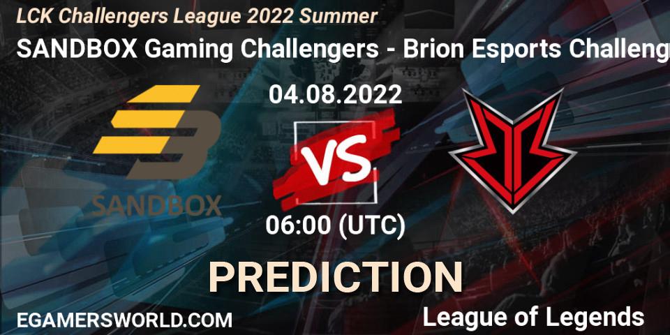 Prognose für das Spiel SANDBOX Gaming Challengers VS Brion Esports Challengers. 04.08.2022 at 06:00. LoL - LCK Challengers League 2022 Summer