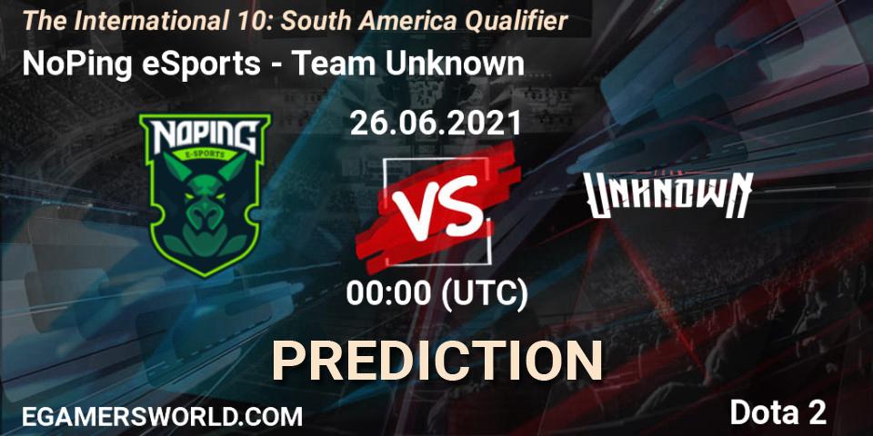 Prognose für das Spiel NoPing eSports VS Team Unknown. 25.06.21. Dota 2 - The International 10: South America Qualifier