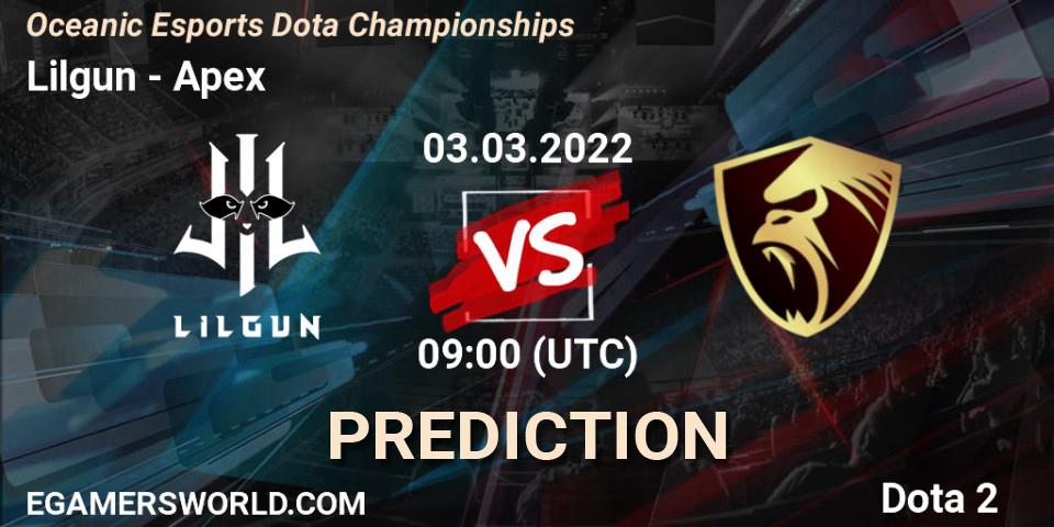 Prognose für das Spiel Lilgun VS Apex. 03.03.2022 at 05:18. Dota 2 - Oceanic Esports Dota Championships