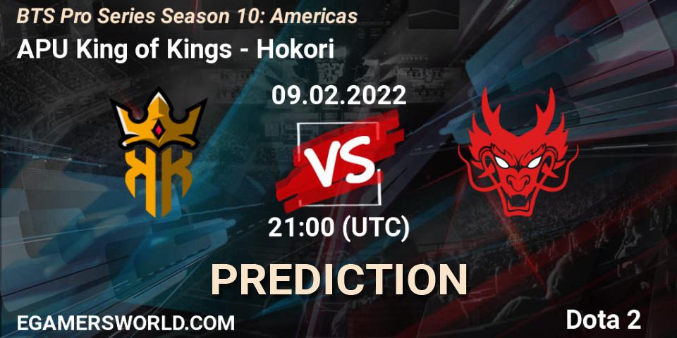 Prognose für das Spiel APU King of Kings VS Hokori. 09.02.2022 at 21:00. Dota 2 - BTS Pro Series Season 10: Americas