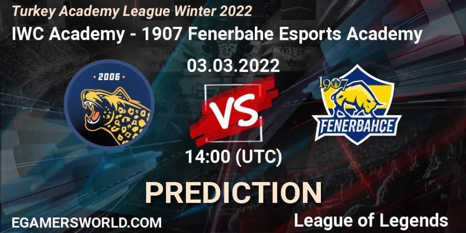 Prognose für das Spiel IWC Academy VS 1907 Fenerbahçe Esports Academy. 03.03.22. LoL - Turkey Academy League Winter 2022