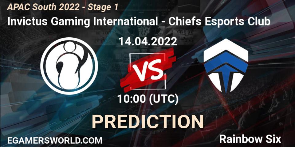 Prognose für das Spiel Invictus Gaming International VS Chiefs Esports Club. 14.04.2022 at 10:00. Rainbow Six - APAC South 2022 - Stage 1
