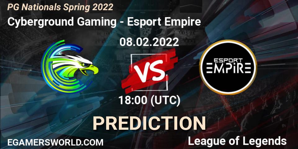 Prognose für das Spiel Cyberground Gaming VS Esport Empire. 08.02.2022 at 18:00. LoL - PG Nationals Spring 2022