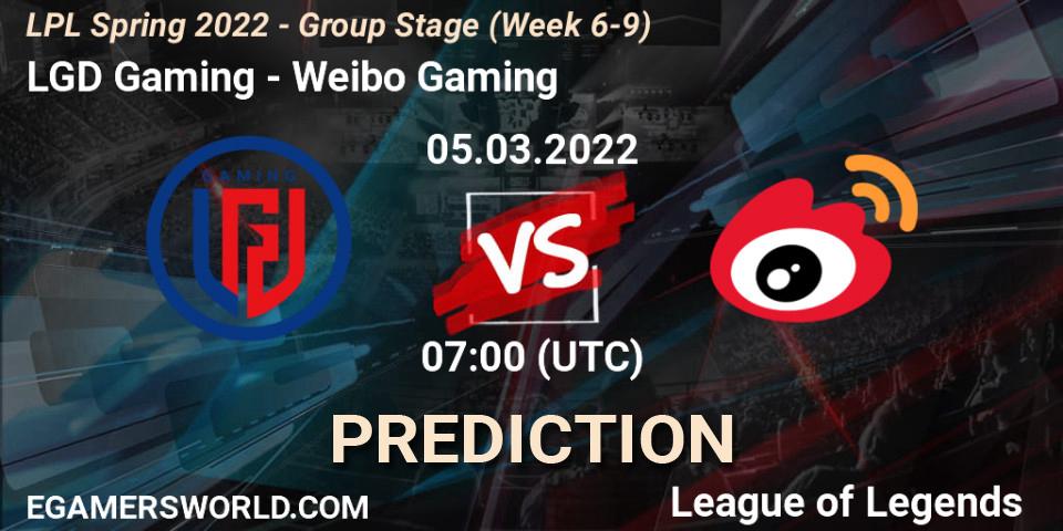 Prognose für das Spiel LGD Gaming VS Weibo Gaming. 05.03.2022 at 07:00. LoL - LPL Spring 2022 - Group Stage (Week 6-9)