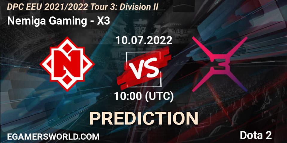 Prognose für das Spiel Nemiga Gaming VS X3. 10.07.2022 at 10:00. Dota 2 - DPC EEU 2021/2022 Tour 3: Division II