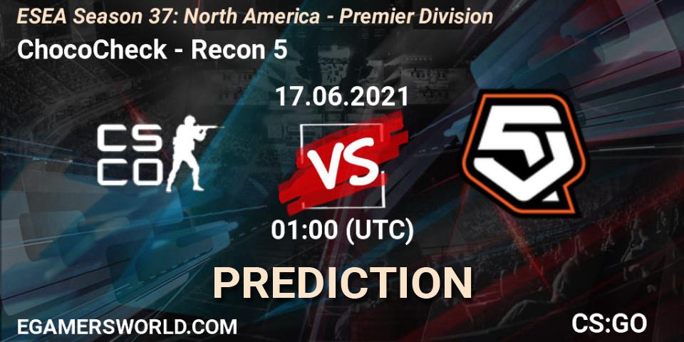 Prognose für das Spiel ChocoCheck VS Recon 5. 17.06.2021 at 01:00. Counter-Strike (CS2) - ESEA Season 37: North America - Premier Division
