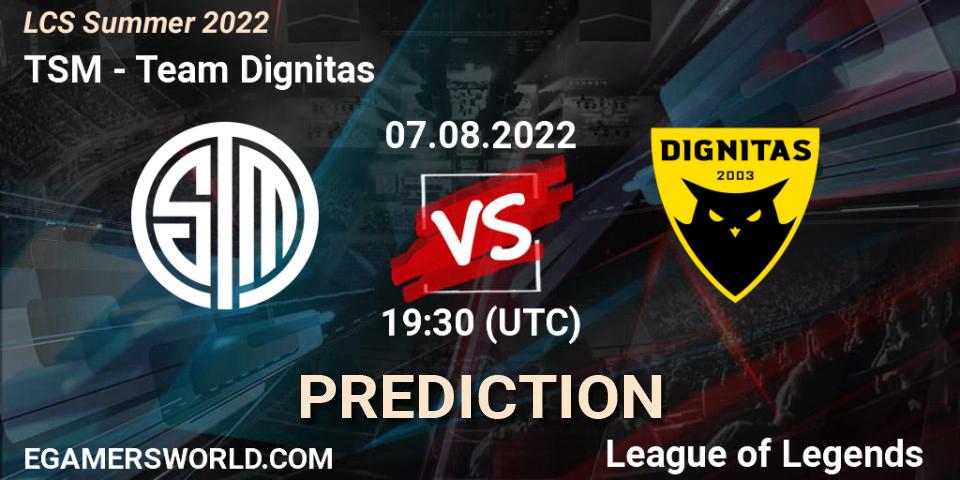 Prognose für das Spiel TSM VS Team Dignitas. 07.08.2022 at 23:45. LoL - LCS Summer 2022