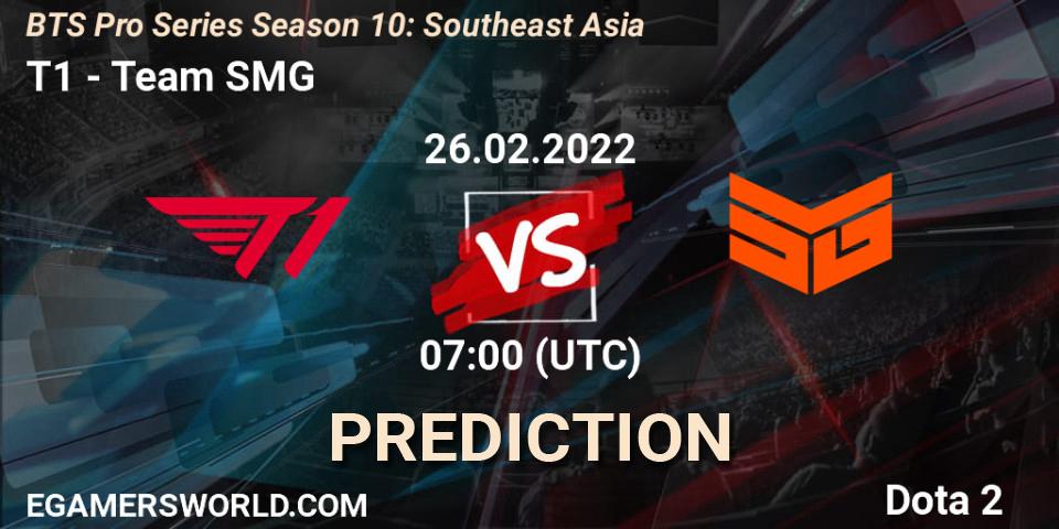 Prognose für das Spiel T1 VS Team SMG. 26.02.2022 at 07:00. Dota 2 - BTS Pro Series Season 10: Southeast Asia