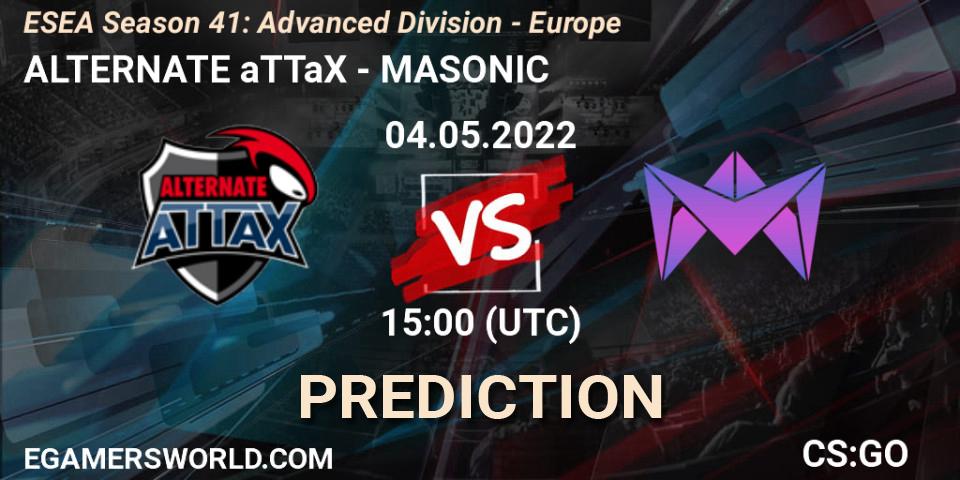 Prognose für das Spiel ALTERNATE aTTaX VS MASONIC. 04.05.2022 at 15:00. Counter-Strike (CS2) - ESEA Season 41: Advanced Division - Europe