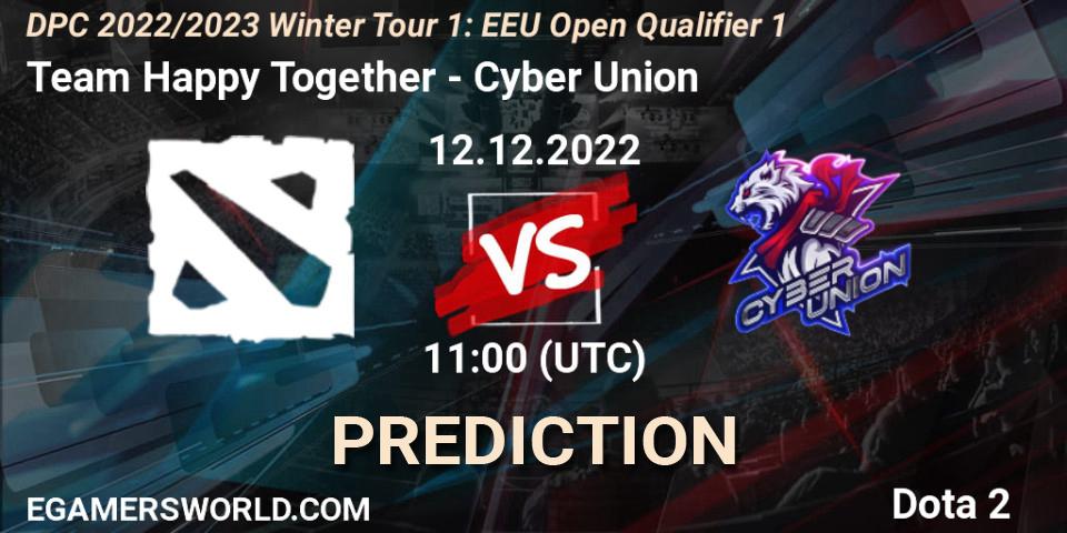 Prognose für das Spiel Team Happy Together VS Cyber Union. 12.12.2022 at 11:09. Dota 2 - DPC 2022/2023 Winter Tour 1: EEU Open Qualifier 1