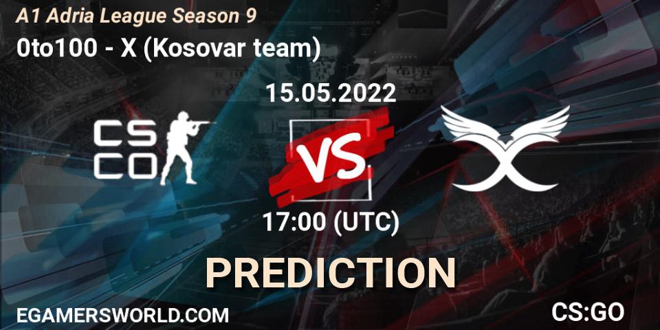 Prognose für das Spiel 0to100 VS X (Kosovar team). 15.05.2022 at 17:00. Counter-Strike (CS2) - A1 Adria League Season 9
