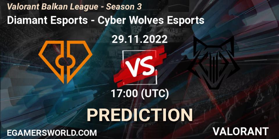 Prognose für das Spiel Diamant Esports VS Cyber Wolves Esports. 29.11.2022 at 17:00. VALORANT - Valorant Balkan League - Season 3