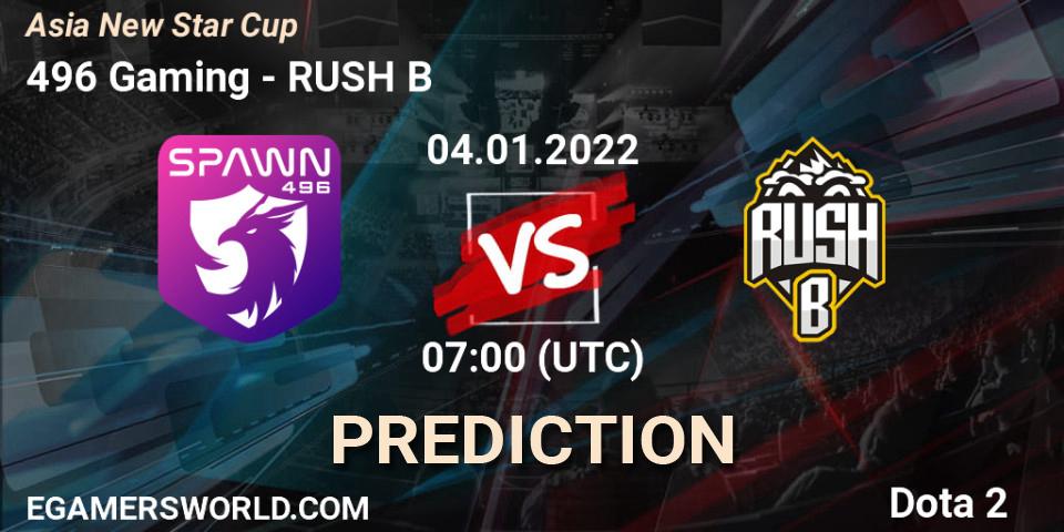 Prognose für das Spiel 496 Gaming VS RUSH B. 04.01.2022 at 07:19. Dota 2 - Asia New Star Cup