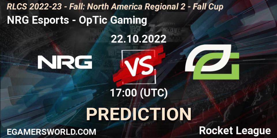Prognose für das Spiel NRG Esports VS OpTic Gaming. 22.10.2022 at 17:00. Rocket League - RLCS 2022-23 - Fall: North America Regional 2 - Fall Cup