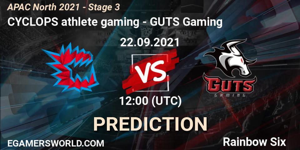 Prognose für das Spiel CYCLOPS athlete gaming VS GUTS Gaming. 22.09.2021 at 12:00. Rainbow Six - APAC North 2021 - Stage 3