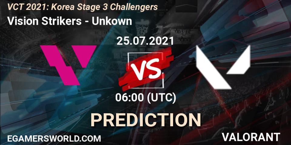 Prognose für das Spiel Vision Strikers VS Unkown. 25.07.2021 at 06:00. VALORANT - VCT 2021: Korea Stage 3 Challengers
