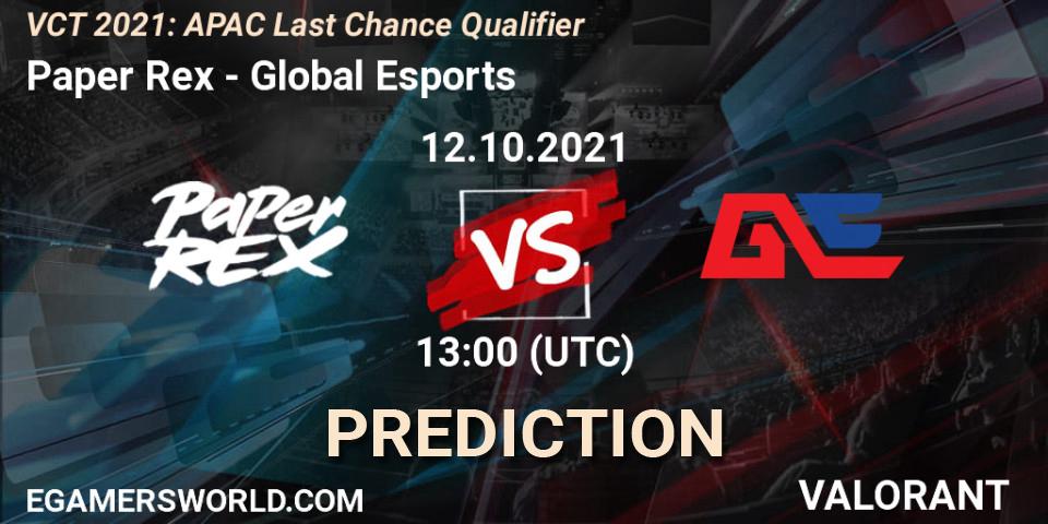 Prognose für das Spiel Paper Rex VS Global Esports. 12.10.2021 at 14:00. VALORANT - VCT 2021: APAC Last Chance Qualifier