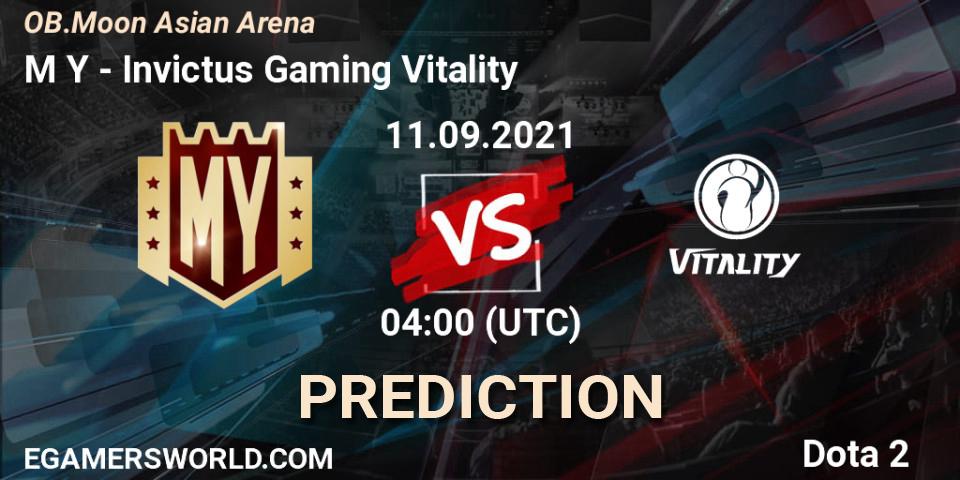 Prognose für das Spiel M Y VS Invictus Gaming Vitality. 11.09.2021 at 09:17. Dota 2 - OB.Moon Asian Arena
