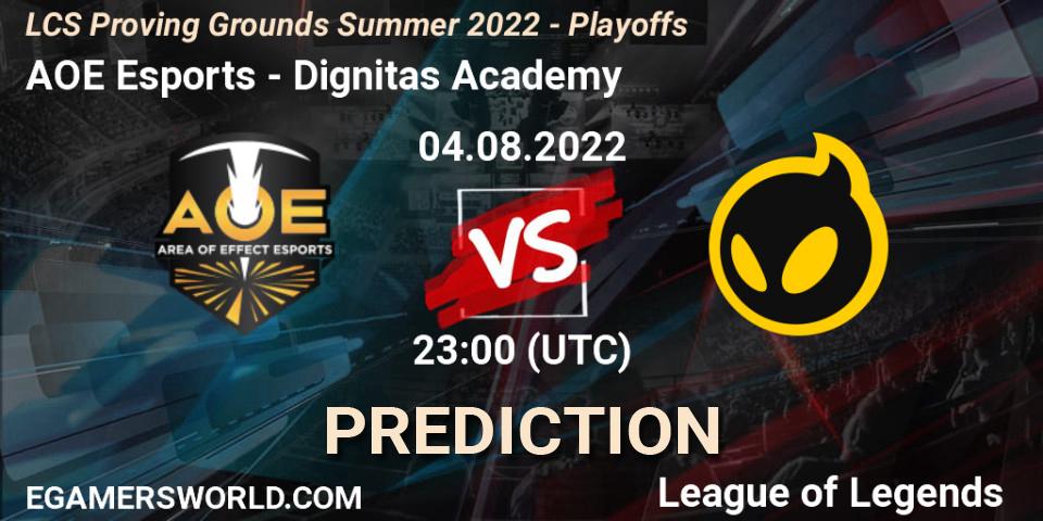 Prognose für das Spiel AOE Esports VS Dignitas Academy. 04.08.2022 at 22:00. LoL - LCS Proving Grounds Summer 2022 - Playoffs