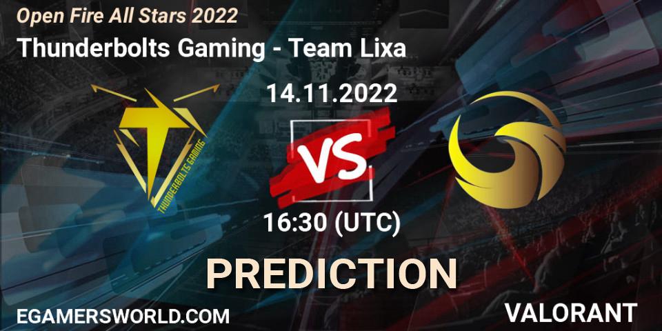 Prognose für das Spiel Thunderbolts Gaming VS Team Lixa. 14.11.2022 at 16:35. VALORANT - Open Fire All Stars 2022