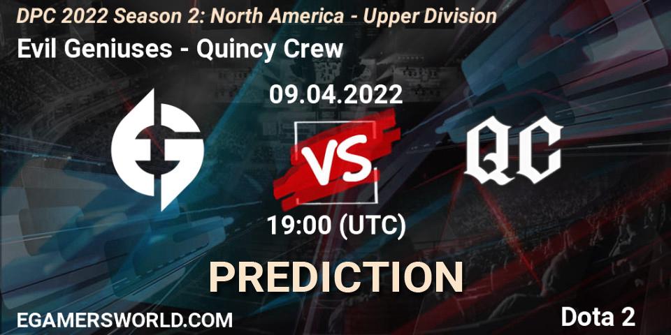 Prognose für das Spiel Evil Geniuses VS Quincy Crew. 09.04.2022 at 19:17. Dota 2 - DPC 2021/2022 Tour 2 (Season 2): NA Division I (Upper) - ESL One Spring 2022