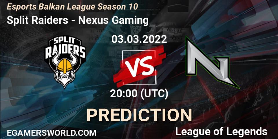 Prognose für das Spiel Split Raiders VS Nexus Gaming. 03.03.2022 at 20:00. LoL - Esports Balkan League Season 10