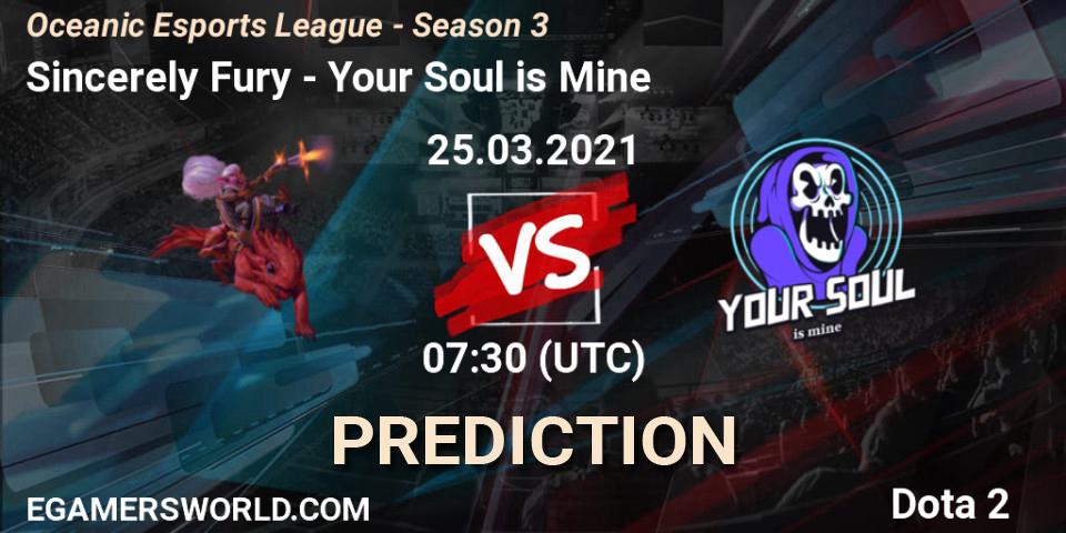 Prognose für das Spiel Sincerely Fury VS Your Soul is Mine. 25.03.2021 at 07:36. Dota 2 - Oceanic Esports League - Season 3