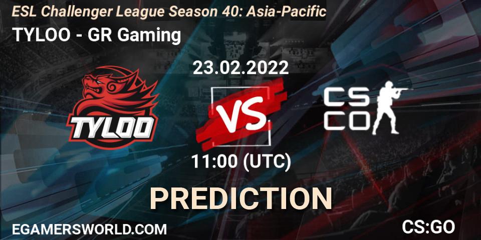 Prognose für das Spiel TYLOO VS GR Gaming. 23.02.2022 at 12:00. Counter-Strike (CS2) - ESL Challenger League Season 40: Asia-Pacific