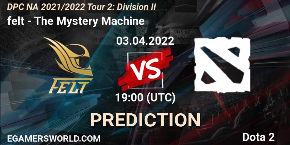 Prognose für das Spiel felt VS The Mystery Machine. 03.04.2022 at 18:55. Dota 2 - DP 2021/2022 Tour 2: NA Division II (Lower) - ESL One Spring 2022