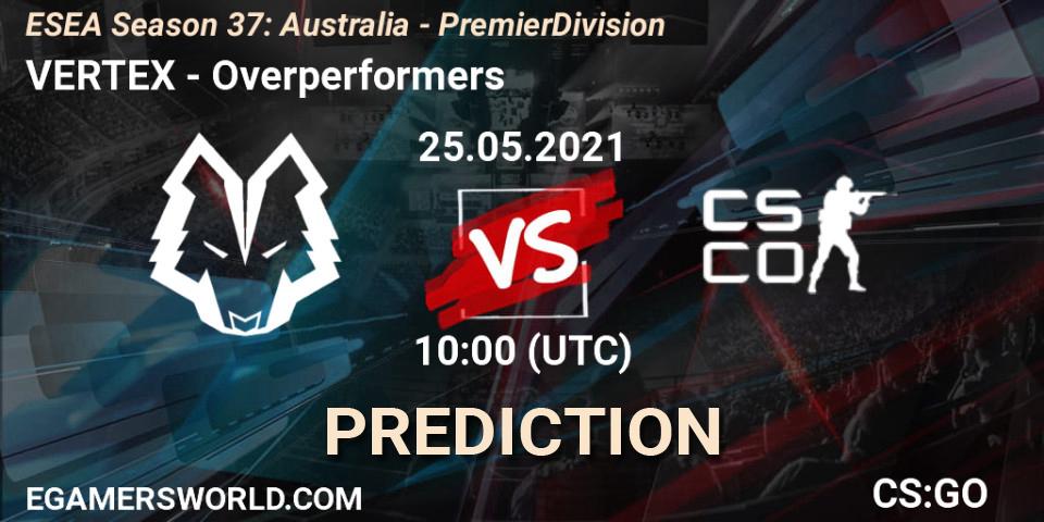 Prognose für das Spiel VERTEX VS Overperformers. 25.05.2021 at 10:00. Counter-Strike (CS2) - ESEA Season 37: Australia - Premier Division