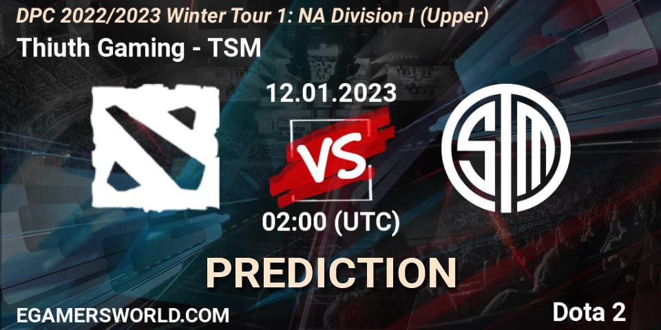 Prognose für das Spiel Thiuth Gaming VS TSM. 12.01.2023 at 02:06. Dota 2 - DPC 2022/2023 Winter Tour 1: NA Division I (Upper)