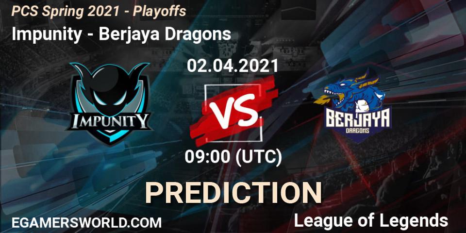 Prognose für das Spiel Impunity VS Berjaya Dragons. 02.04.2021 at 09:00. LoL - PCS Spring 2021 - Playoffs