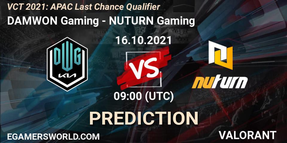 Prognose für das Spiel DAMWON Gaming VS NUTURN Gaming. 16.10.2021 at 09:00. VALORANT - VCT 2021: APAC Last Chance Qualifier
