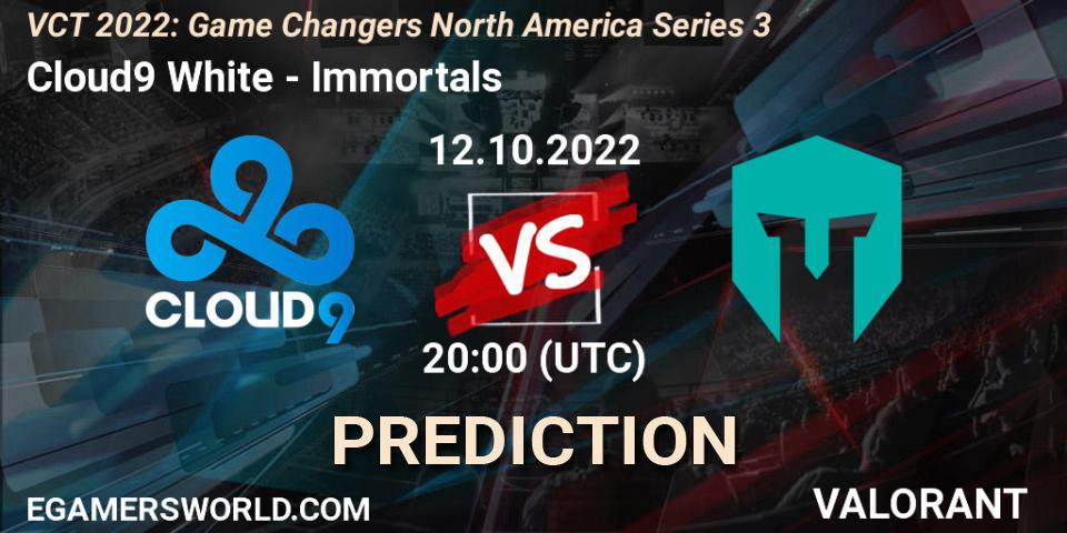 Prognose für das Spiel Cloud9 White VS Immortals. 12.10.2022 at 20:10. VALORANT - VCT 2022: Game Changers North America Series 3