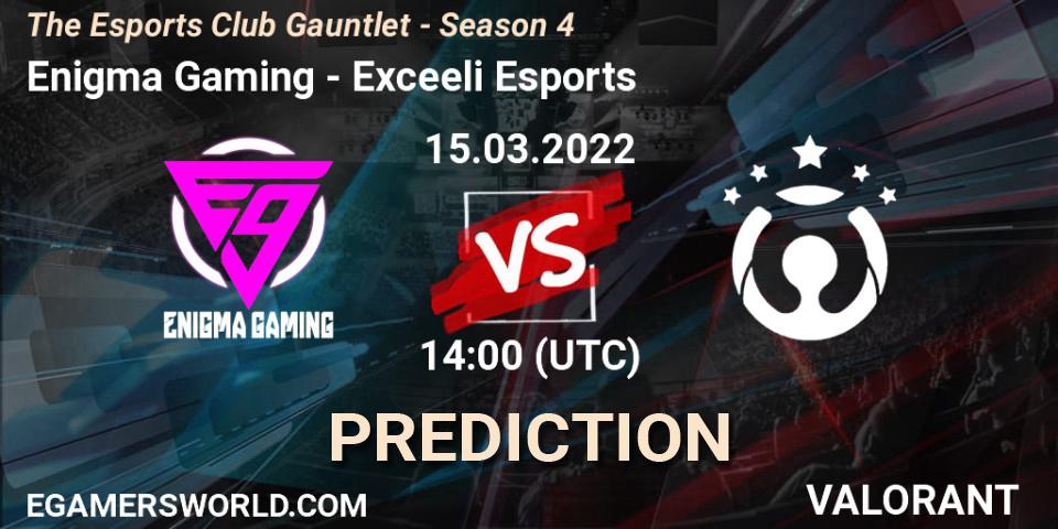 Prognose für das Spiel Enigma Gaming VS Exceeli Esports. 15.03.2022 at 13:30. VALORANT - The Esports Club Gauntlet - Season 4