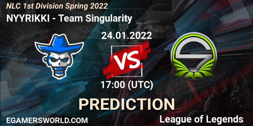 Prognose für das Spiel NYYRIKKI VS Team Singularity. 24.01.2022 at 17:00. LoL - NLC 1st Division Spring 2022