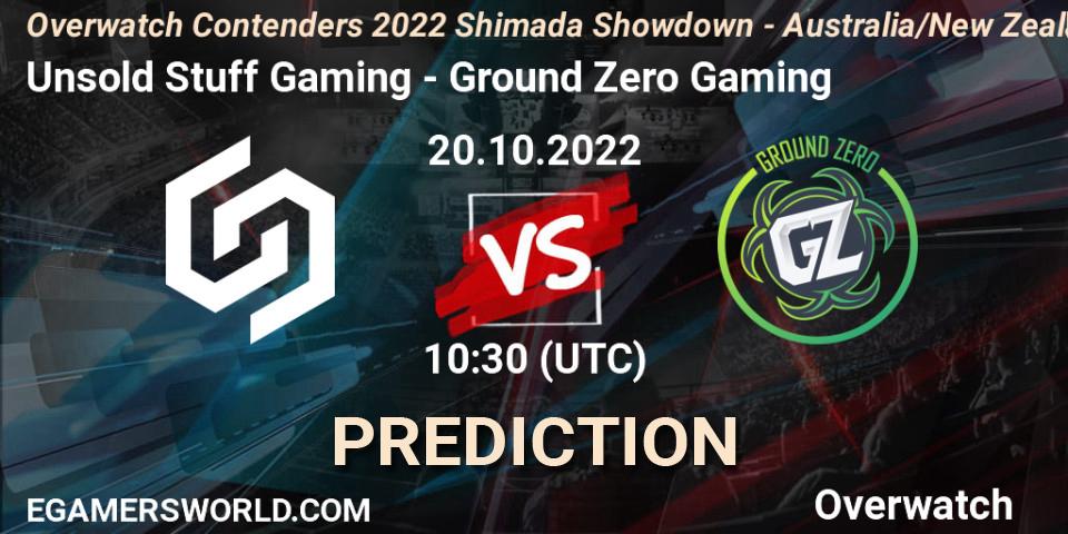 Prognose für das Spiel Unsold Stuff Gaming VS Ground Zero Gaming. 20.10.2022 at 10:30. Overwatch - Overwatch Contenders 2022 Shimada Showdown - Australia/New Zealand - October