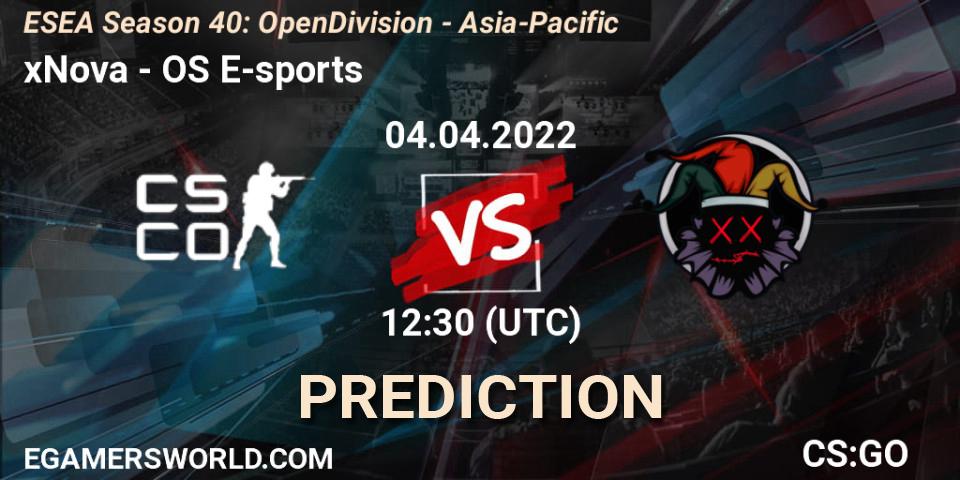 Prognose für das Spiel xNova VS OS E-sports. 04.04.2022 at 12:30. Counter-Strike (CS2) - ESEA Season 40: Open Division - Asia-Pacific