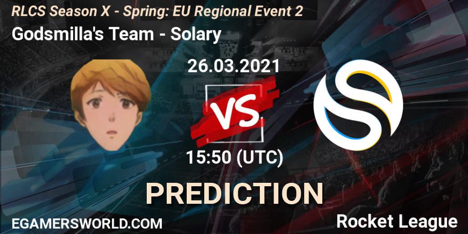 Prognose für das Spiel Godsmilla's Team VS Solary. 26.03.2021 at 15:50. Rocket League - RLCS Season X - Spring: EU Regional Event 2